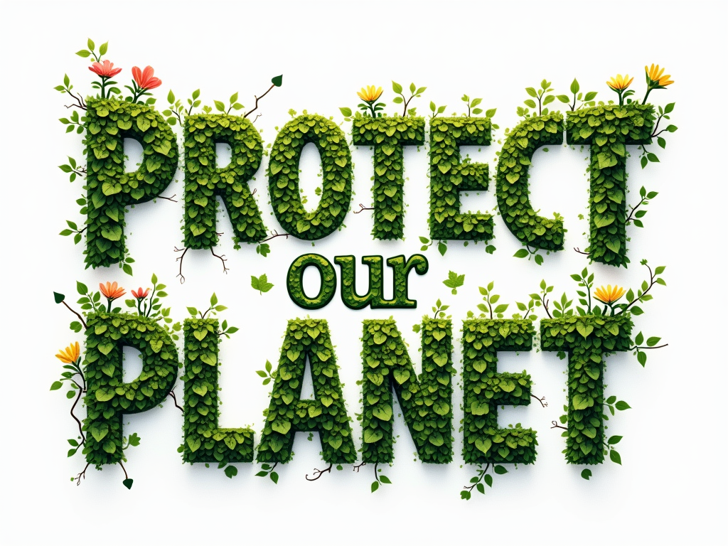 Stylized 'Protect Our Planet' typography where the letters organically grow vines, leaves, or flowers, emphasizing interconnectedness with nature.