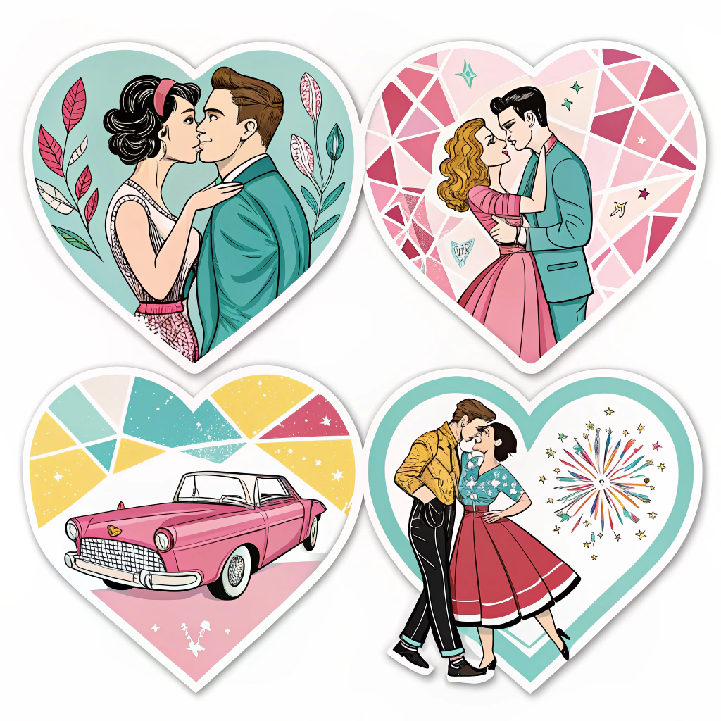 Illustrate stickers with iconic symbols of love from different eras, such as Victorian lockets, Art Deco hearts, and 1950s diner scenes with couples. Use color palettes that are characteristic of each era.