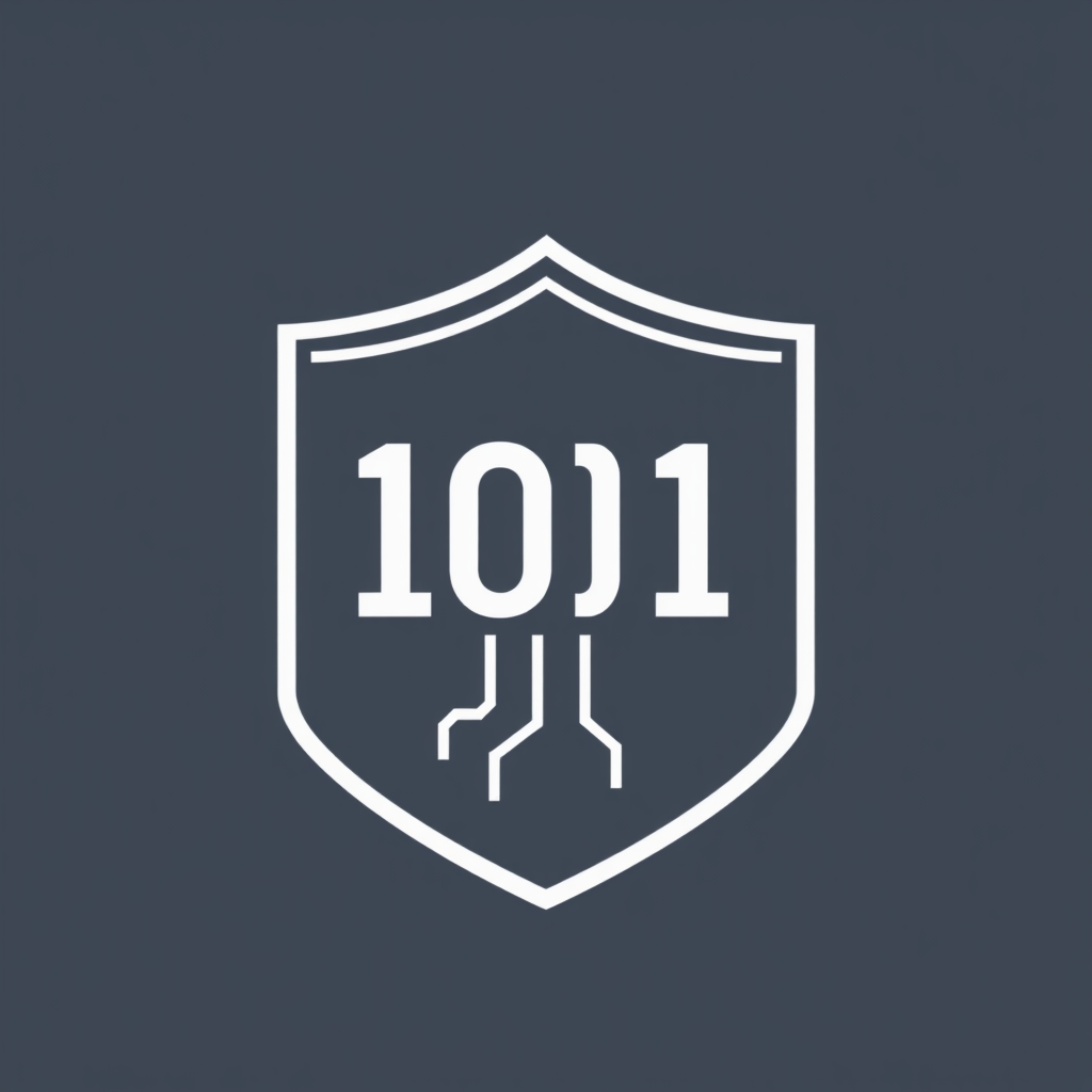 Simple Icon Idea: A minimalist shield outline, with a central, bold binary code sequence (e.g., '101') or a simplified circuit path etched onto its surface.