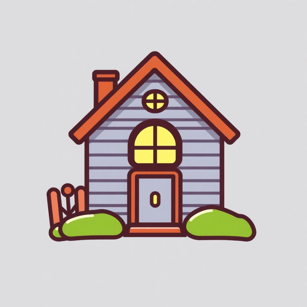 The image is an illustration of a small house with a sloping roof and a chimney on the left side. The house has a gray exterior with horizontal slats and a large arched window on the front door. The door has a small window with a yellow circle in the center. There is a small porch with a bench on the right side of the house and a small garden with green grass and bushes. The overall style of the illustration is simple and cartoon-like.