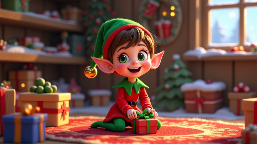  a cartoon elf sitting on a red rug in a room decorated for Christmas. The elf is wearing a red and green outfit with a green hat and has a big smile on its face. It is holding a red gift box in its hands and appears to be opening it. There are several other gift boxes scattered around the room, some of which are wrapped in colorful paper and tied with ribbons. In the background, there is a Christmas tree and a wreath hanging on the wall. The room has a window with a view of the snow outside. The overall mood of the image is cheerful and festive.