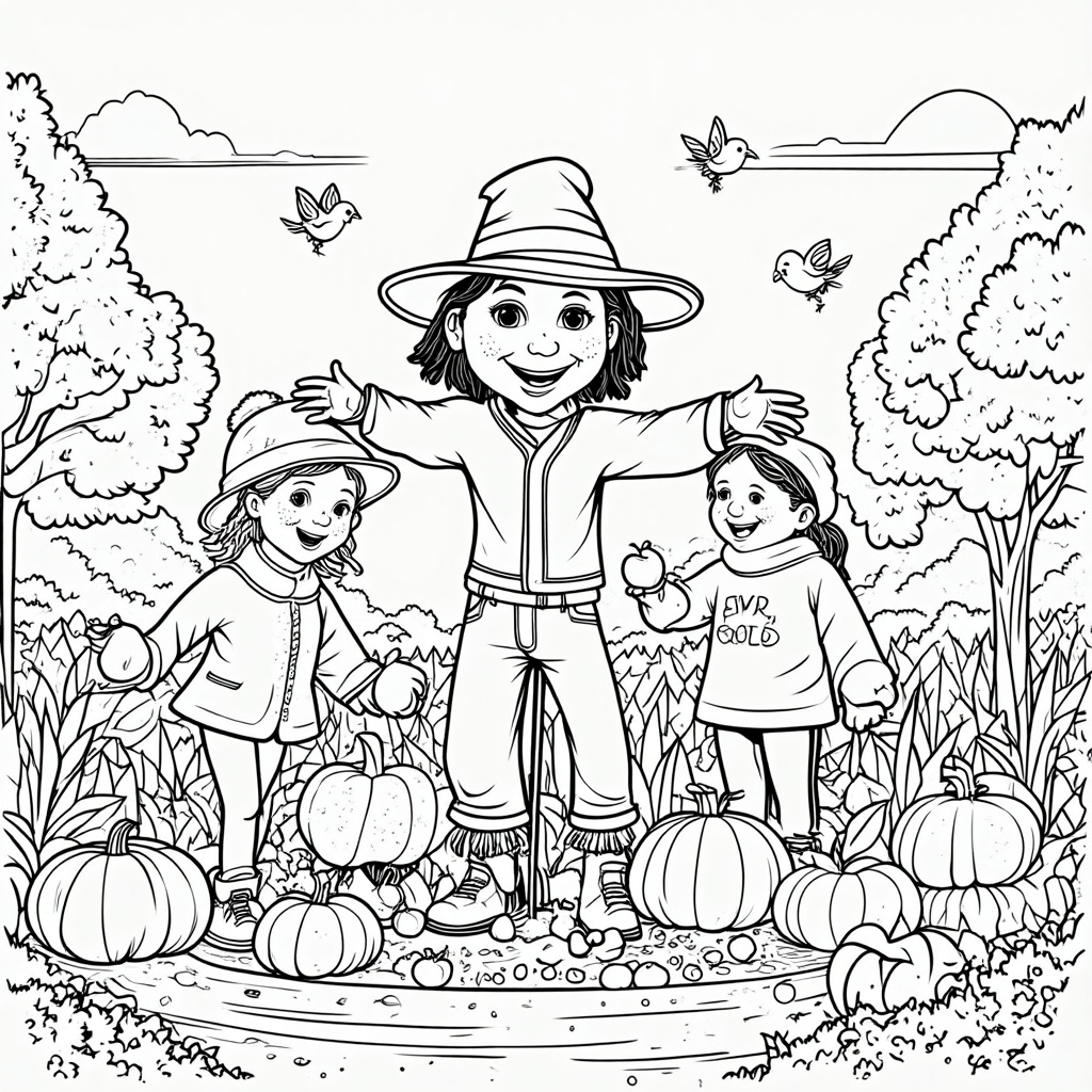 A vibrant fall garden with a scarecrow at its heart, surrounded by children picking pumpkins and apples, with birds fluttering all around, set under a clear blue autumn sky.