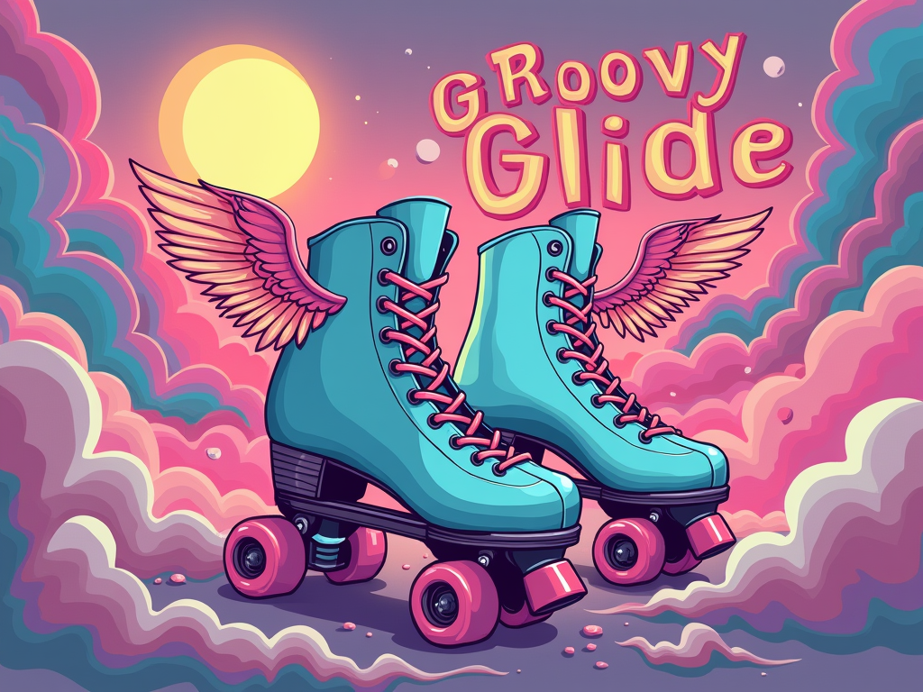 Skater's Dream Flow: A pair of classic quad roller skates, perhaps with small, whimsical wings, appearing to glide or float through an abstract background composed of large, soft-edged, colorful lava lamp blobs. The words 'Groovy Glide' or 'Retro Flow' could be incorporated in a bubbly, period-appropriate font. Colors: pastel neons and dreamy gradients.