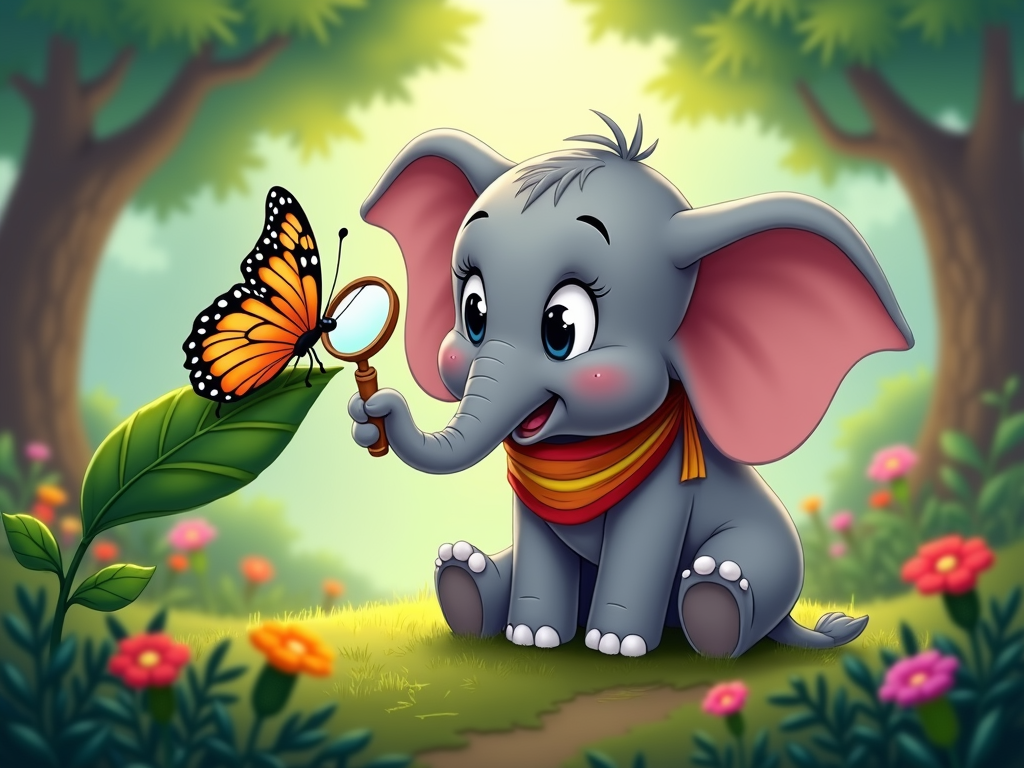 Elly the Elephant with a magnifying glass, looking at a butterfly on a large leaf.