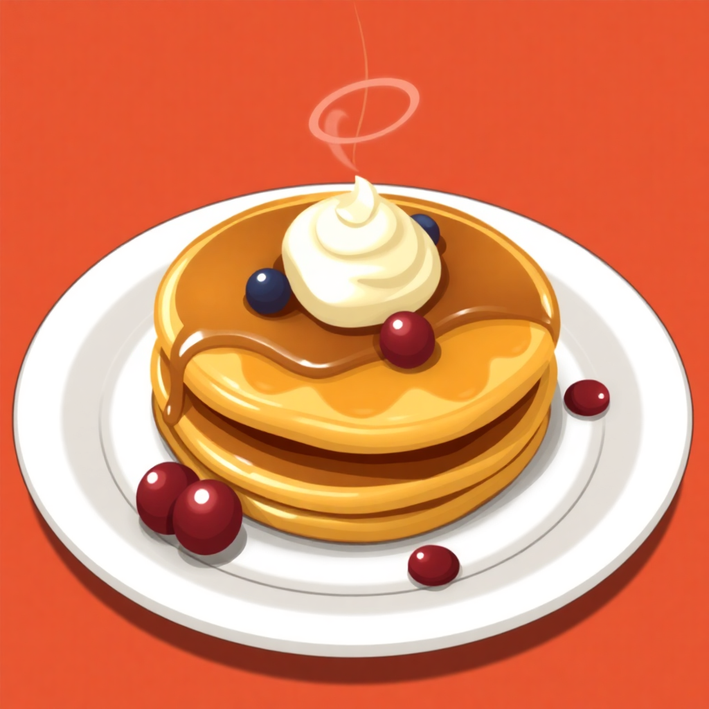 The image is a digital illustration of a stack of pancakes on a white plate. The pancakes are golden brown and appear to be freshly made. On top of the pancakes, there is a dollop of whipped cream and a drizzle of syrup. There are also a few red berries scattered around the plate, adding a pop of color to the image. The background is a solid orange color.