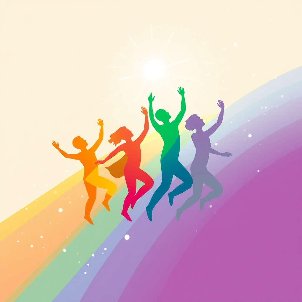 Ascending Spirit: Abstract figures or forms in Pride colors moving upwards and forwards, conveying collective momentum and joy. Light trails or particles emphasize motion and merriment.
