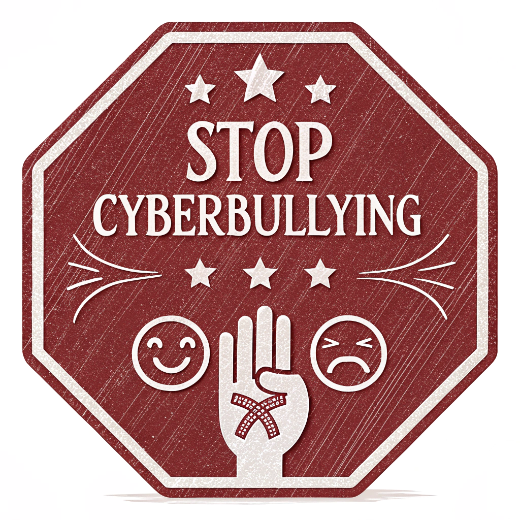 Classic Stop Sign: A traditional red octagonal stop sign with bold white text 'STOP CYBERBULLYING'. A small, crossed-out sad face emoji could be placed subtly below the text.