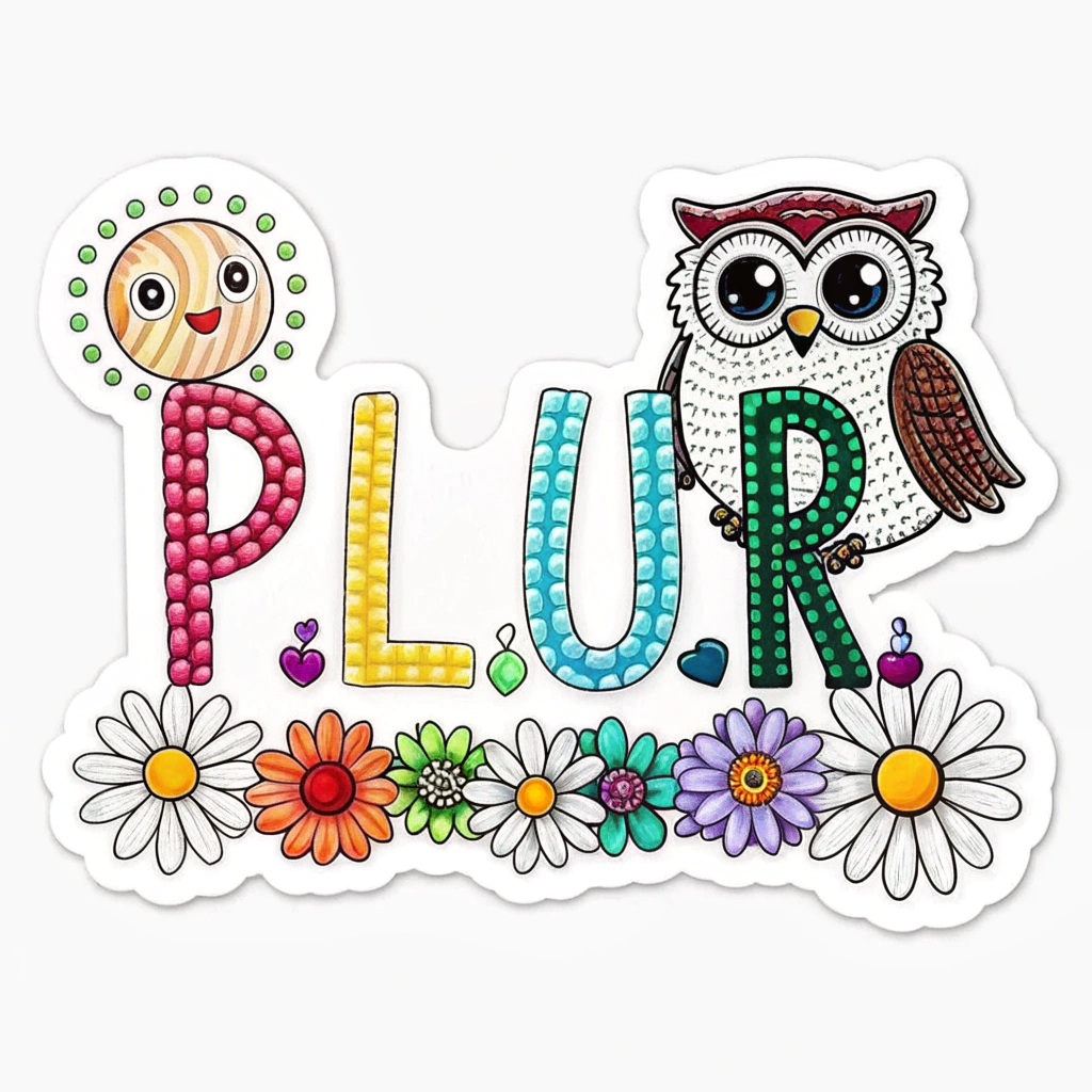 A design where the letters P.L.U.R. are prominently displayed, with each letter either constructed from or embellished with Kandi beads. Small iconic EDC elements like an owl's eye or a daisy could be integrated into the letters or as accent marks.