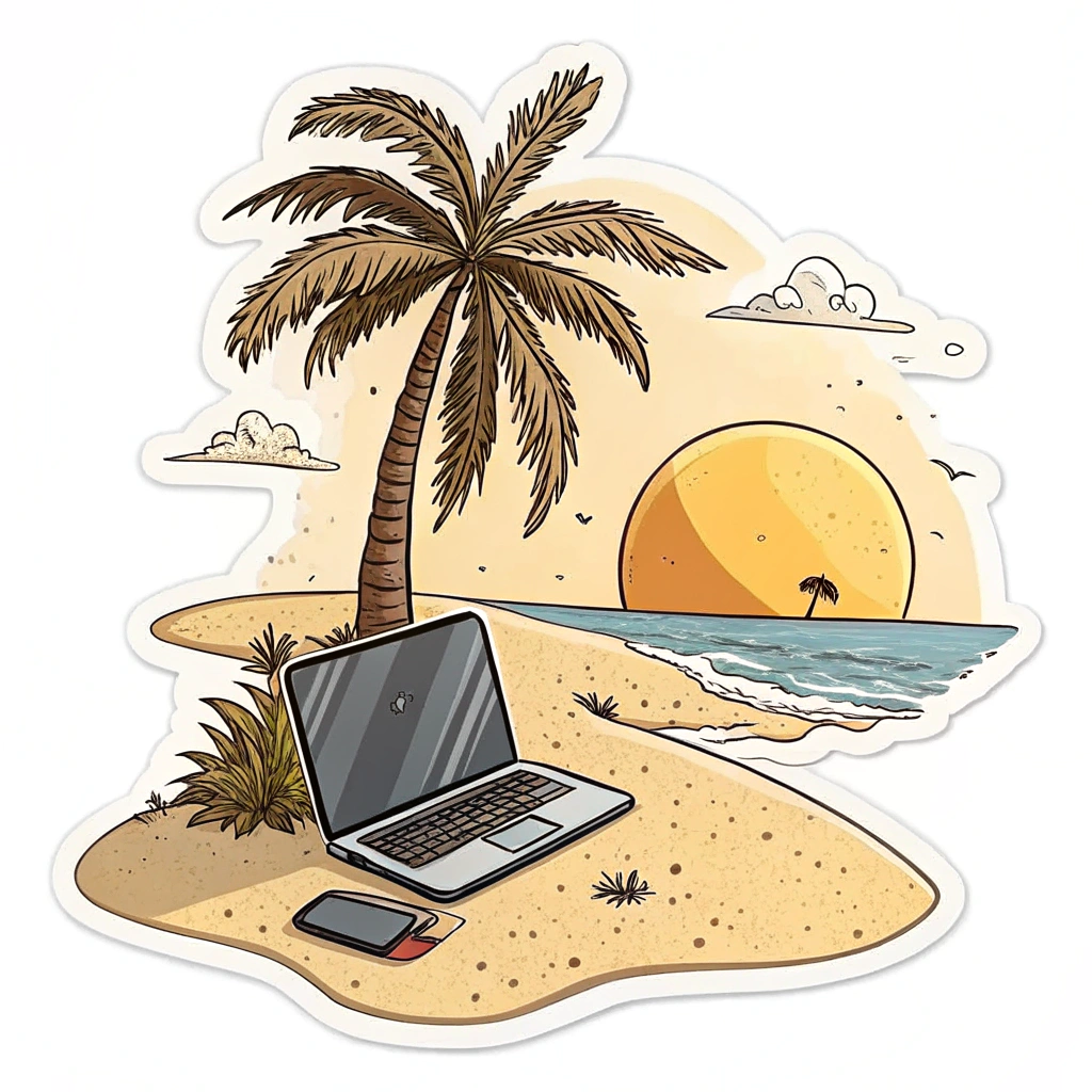 A laptop on a beach, with a palm tree and a setting sun in the background.