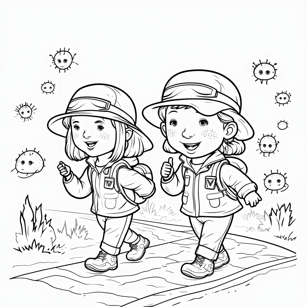 Page 3: 'Germ Blocker Squad'. Vaccinated children dressed in explorer outfits with a special 'V' badge are shown playfully navigating a path, while cartoonish, sad-looking measles germs are blocked by an invisible barrier around the children, unable to spoil their fun.