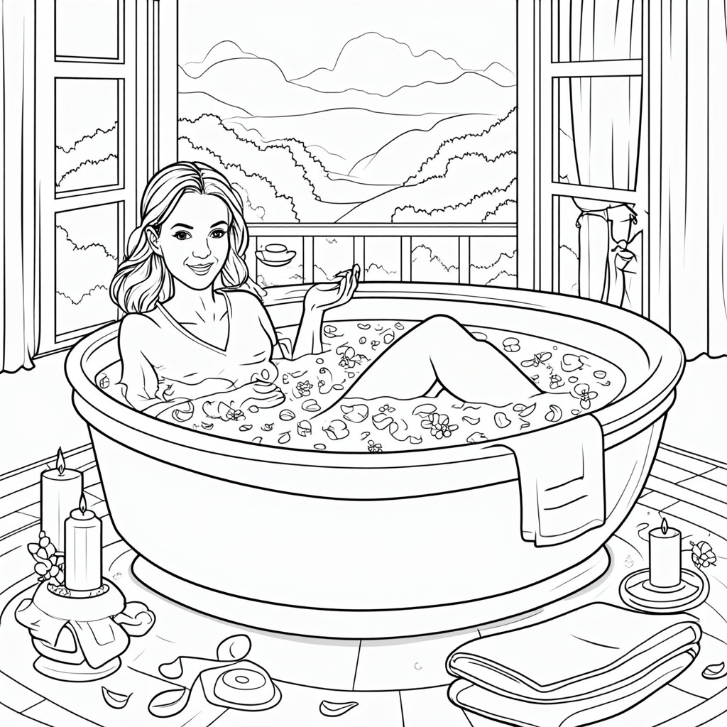 A detailed coloring page of Mom relaxing in a bubble bath, surrounded by candles, flower petals, and soft towels. Potential additions: a book, a glass of her favorite drink, and a window with a serene view.