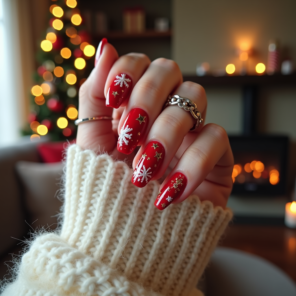  a person's hand with long, pointed nails. The nails are painted with a red base color and are decorated with white snowflakes and stars. The person is wearing a white knitted mitten and several silver rings on their fingers. In the background, there is a Christmas tree with lights and a fireplace. The overall mood of the image is festive and cozy.