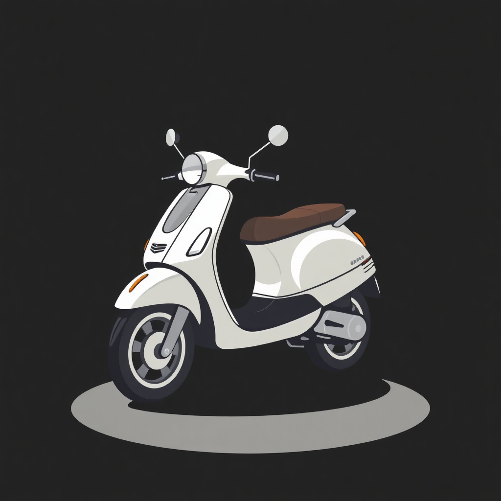 The image is a digital illustration of a white scooter on a black background. The scooter is in the center of the image and is positioned in a way that it is facing towards the right side of the frame. It has a round shape with a flat base and a curved top. The body of the scooter has a brown seat and handlebars, and there are two mirrors on the front. The wheels are silver and appear to be new. The overall design is simple and minimalistic.