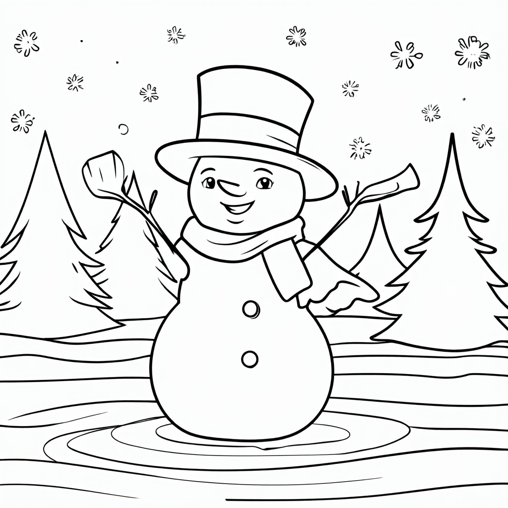 The image shows a snowman with a hat and scarf standing in the water surrounded by trees and flowers. The snowman is sketched in black and white, making it a perfect Christmas coloring page for kids.