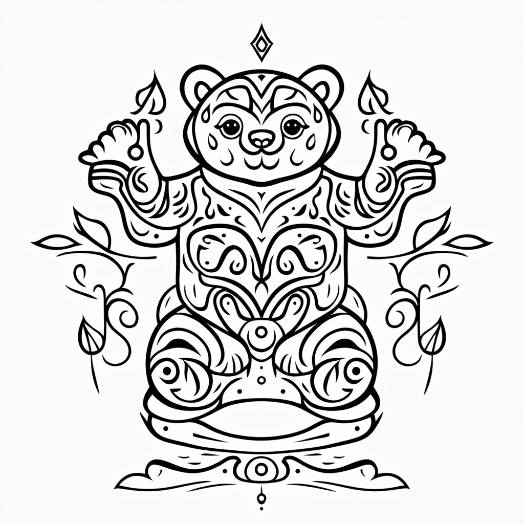 A stylized tribal bear design, perfect for practicing symmetry and color blending techniques.