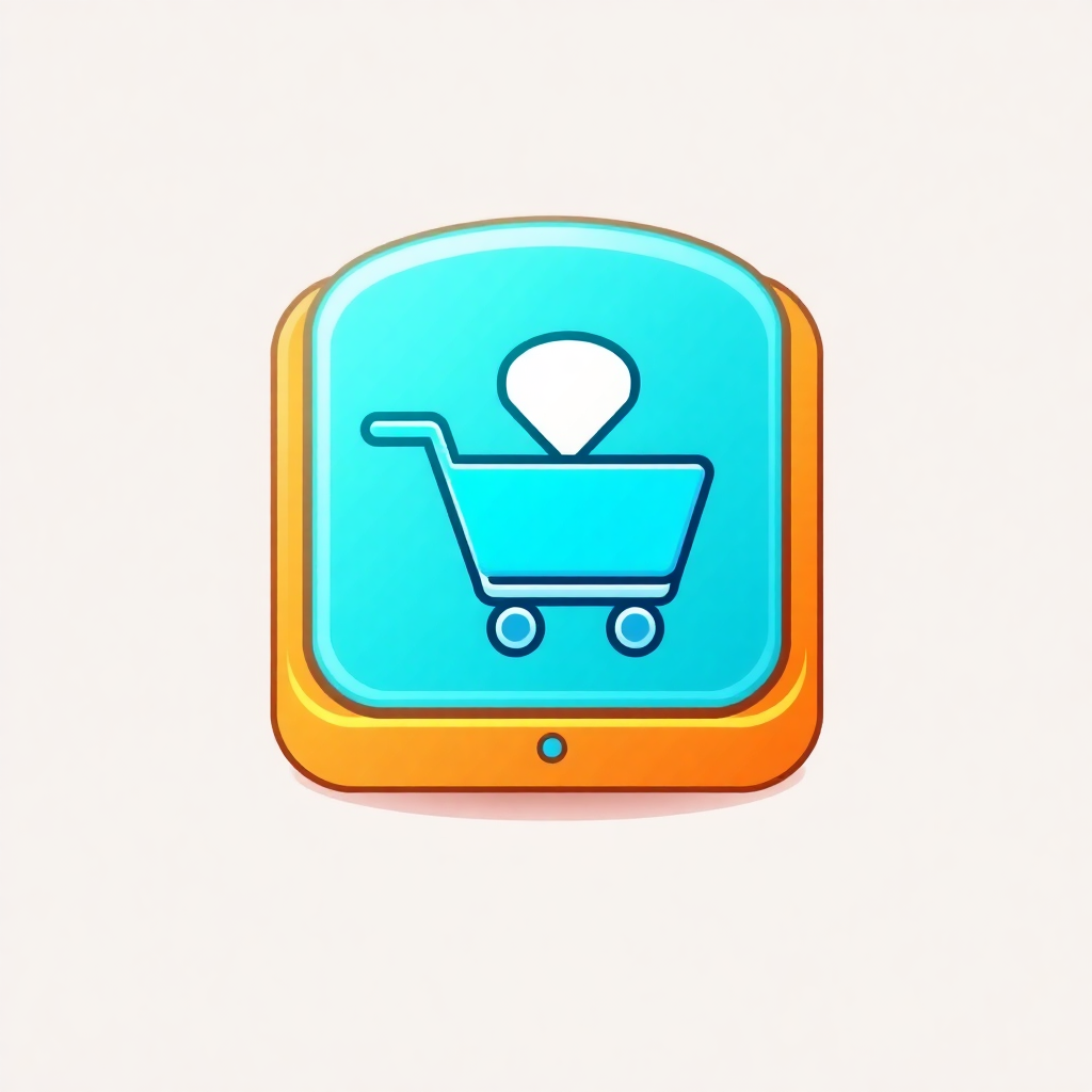 The image is a square-shaped icon with a blue background and an orange border. In the center of the icon, there is a white shopping cart icon with four wheels. The shopping cart is outlined in black and has a small white circle in the middle. The icon appears to be a representation of a shopping cart. The overall design is simple and minimalistic.