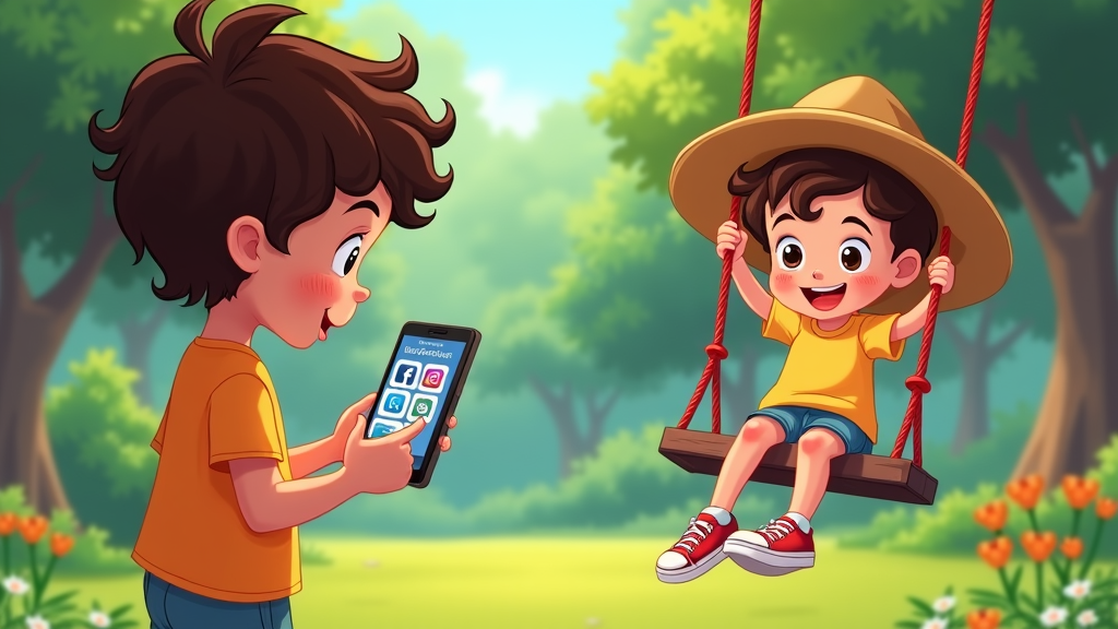Split-Screen Comparison: One side depicts a minor viewing a smartphone screen displaying social media apps with visible restriction symbols (e.g., padlocks, 'under 13' icons, blurred content). The other side shows the same minor joyfully engaged in a real-world activity like playing outdoors, reading a physical book, or interacting with pets.