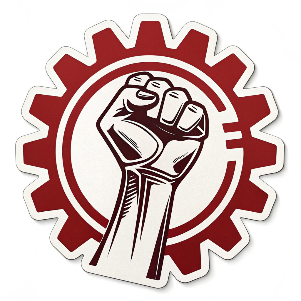 Sub-design Idea 2: Gear & Fist Integration - A raised fist symbol cleverly integrated with a gear. The fist could be emerging from the center of the gear or forming part of its structure, symbolizing labor power and industry.