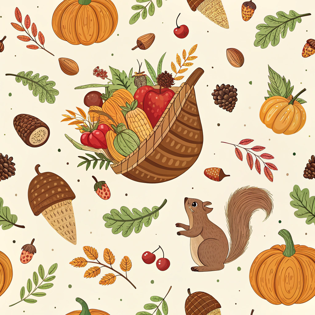 Thanksgiving-themed wallpaper showing a pattern of acorns, cornucopias filled with fruits and vegetables, and small squirrel illustrations. The design is set against a light beige background, allowing the rich browns and greens of the elements to pop, evoking the abundance and gratitude spirit of Thanksgiving.