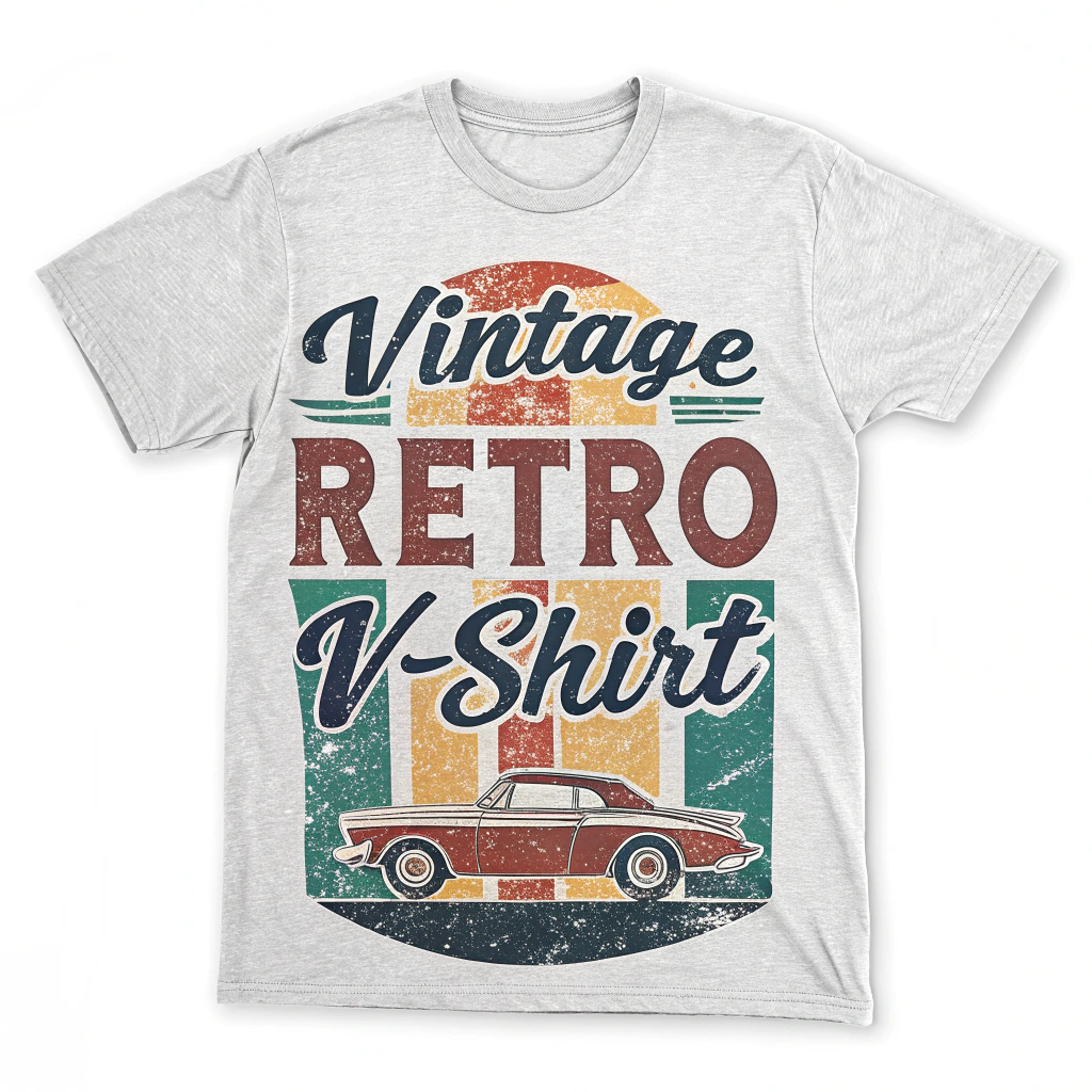 The image is of a grey t-shirt with a graphic design on the front. The design features a vintage car in the center with the words Vintage Retro V-Shirt written above it in a retro font. The car is red with a white stripe running along the side and has a black roof. The background of the design is a gradient of orange, yellow, and green stripes. The overall design has a vintage feel to it.