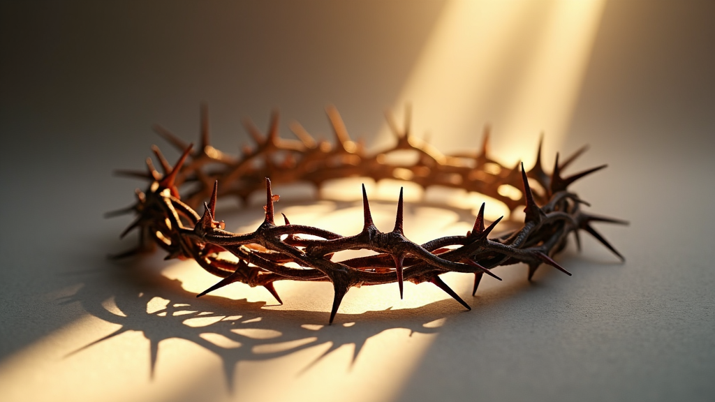 A crown of thorns depicted artistically, merging symbolism of suffering and redemption under soft lighting.