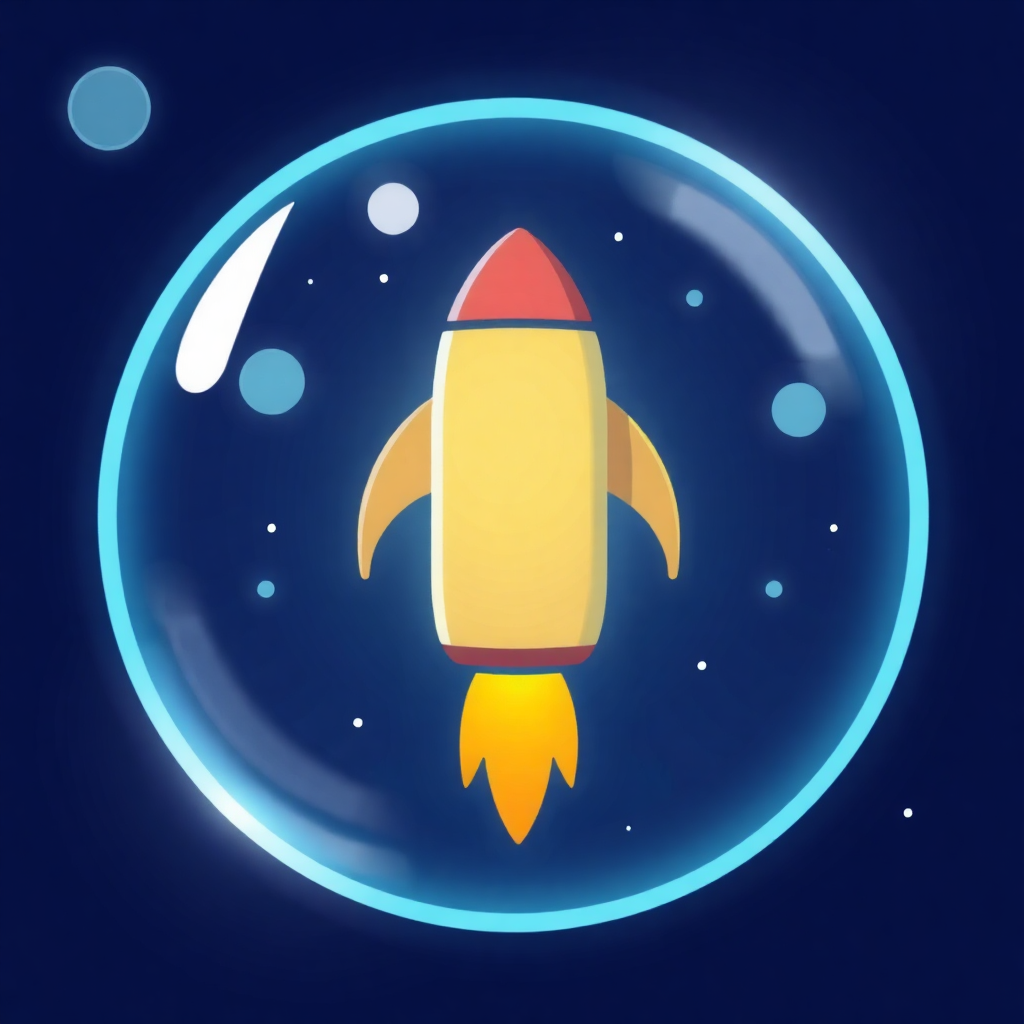 The image is a digital illustration of a yellow rocket ship in a blue circle. The rocket is in the center of the circle and is facing towards the right side of the image. It has a red and yellow body with a pointed nose and two orange fins on either side. The background is dark blue with small white dots scattered around. There are also two small white planets visible in the background. The overall style of the illustration is flat and cartoon-like.