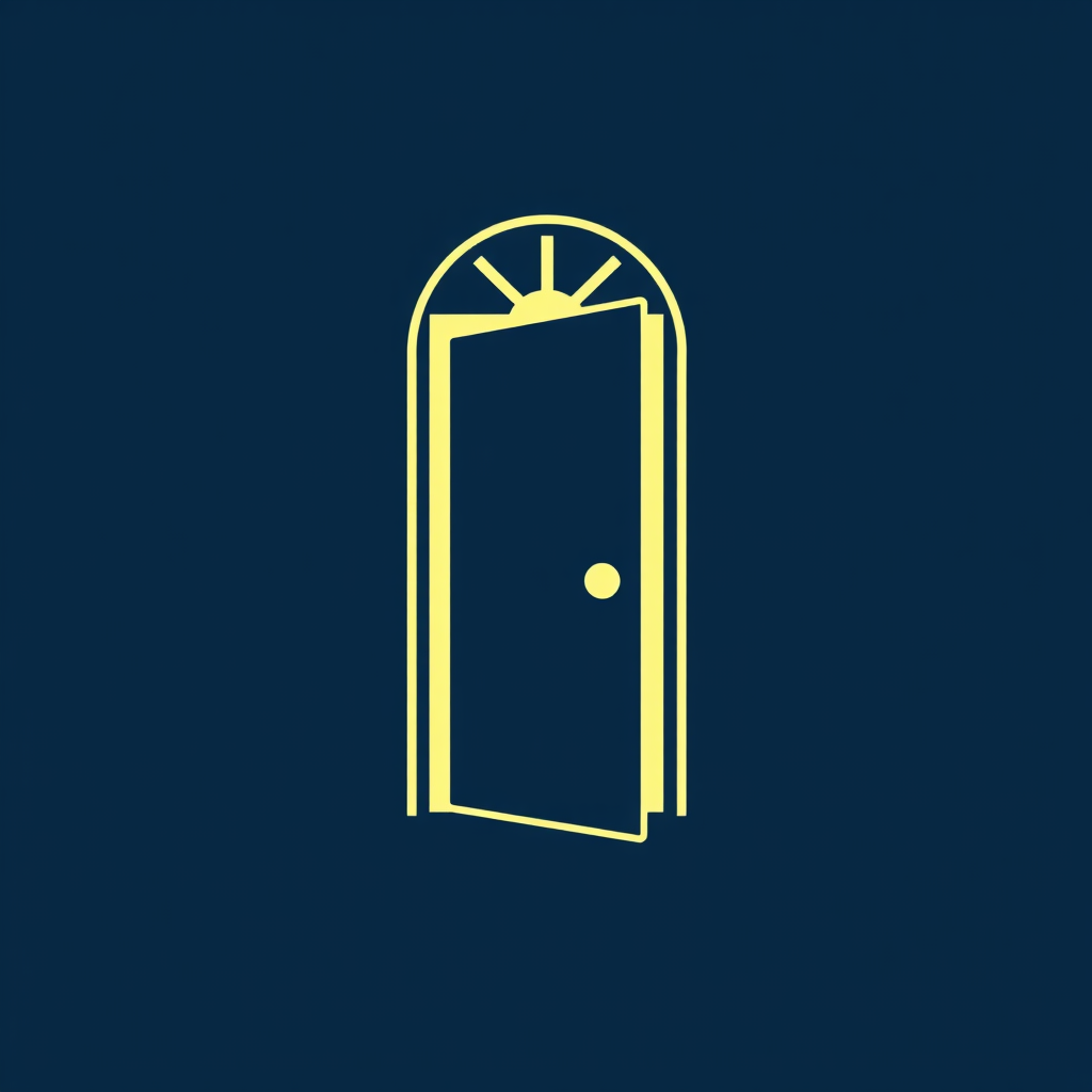 A stylized outline of a door with a light shining through the opening, symbolizing opportunity.