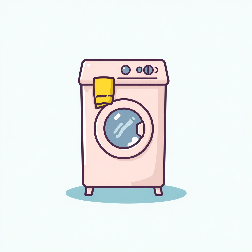 The image shows a pink washing machine with a yellow cloth on top of it, set against a white background.