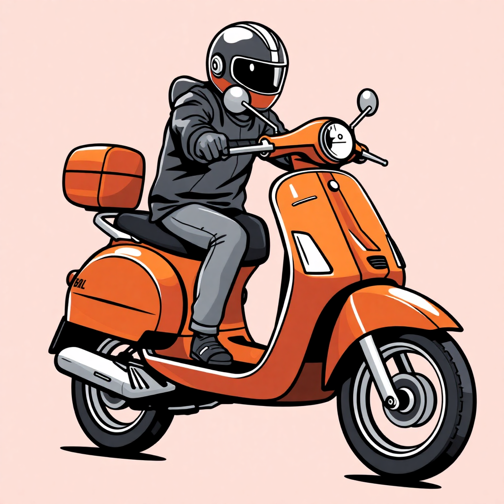 The image is an illustration of a person riding an orange scooter. The person is wearing a black helmet and a grey jacket, and is holding onto the handlebars with both hands. The scooter has a large orange box attached to the back, which appears to be a storage compartment. The background is a light pink color, and the scooter is shown in a side view. The illustration is in a cartoon-like style, with bold lines and bright colors.