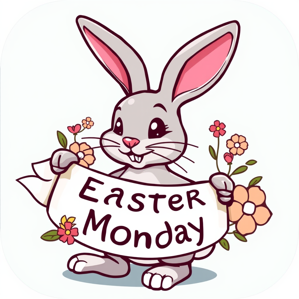 An icon showing a stylized Easter bunny holding a banner that reads 'Easter Monday,' adorned with floral accents.