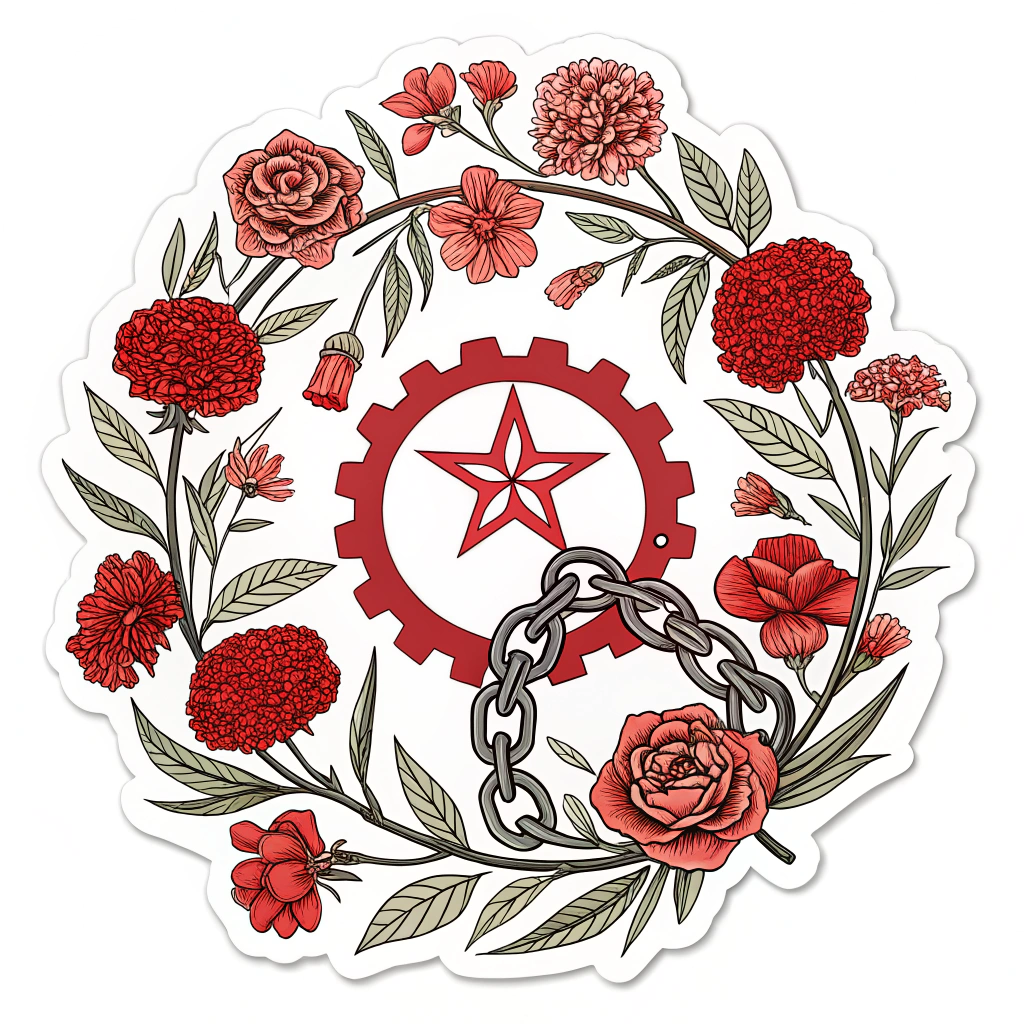 Revolutionary Wreath of Unity: A circular wreath made of interwoven May Day flowers (like red carnations) and leaves, with subtle revolutionary symbols such as a small gear, a broken chain, or a red star integrated into its design, symbolizing worker unity and the cycle of struggle and rebirth.