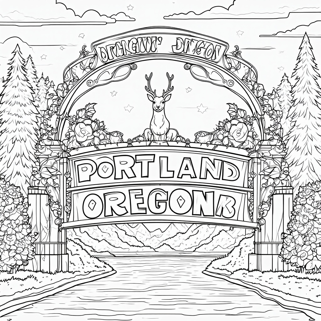 Coloring Page Design 1: The 'Portland Oregon' Sign (White Stag Sign) illuminated at night, with intricate rose vines climbing its support structure. The scene includes reflections in the Willamette River and a starry sky, offering varied textures for coloring.