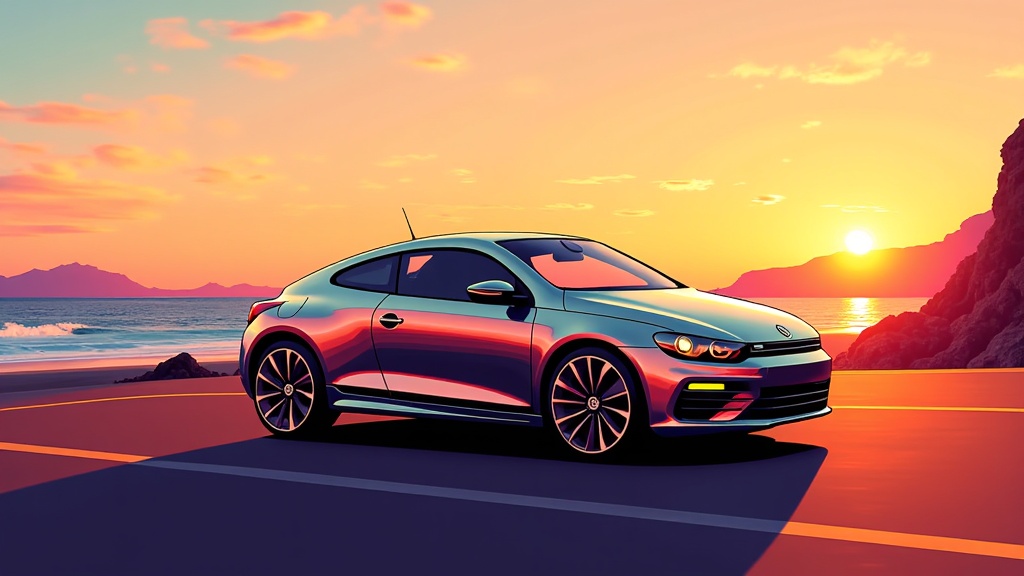 The image is a digital illustration of a car parked on the side of a road at sunset. The car is a silver Volkswagen Scirocco, with a sleek and modern design. It is parked on a cliff overlooking the ocean, with the sun setting in the background. The sky is a beautiful orange and pink color, with wispy clouds scattered across the horizon. The ocean is a deep blue, with small waves crashing onto the shore. The cliff on the right side of the image is silhouetted against the sky, and there are mountains in the distance. The road is empty, with no other cars or people visible in the image. The overall mood of the illustration is peaceful and serene.