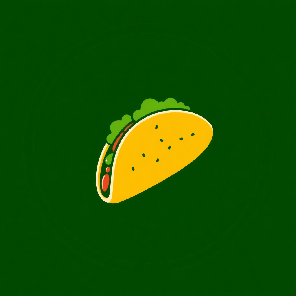 The image is a simple illustration of a taco on a dark green background. The taco is in the center of the image and is yellow in color. It has a round shape with a flat top and a flat bottom. The top of the taco is covered in green lettuce and there are small black dots scattered across it. The lettuce is arranged in a way that it looks like it is floating in the air. The background is a solid dark green color, making the taco stand out.