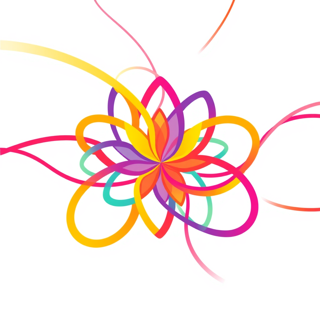 Interconnected, flowing lines in vibrant colors forming an abstract representation of a blooming flower or a ripple effect spreading outwards. This signifies design's dynamic, creative, and diverse role in nurturing growth and creating widespread positive change and impact.