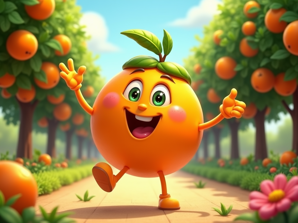 The image is a cartoon illustration of an orange character in an orange grove. The character is in the center of the image, with its arms and legs stretched out in front of it. It has a big smile on its face and two green leaves on its head. Its eyes are wide open and its mouth is slightly open, as if it is laughing. It is making a peace sign with its hands and feet. The background shows rows of orange trees with ripe oranges hanging from their branches. The ground is covered in green grass and there are pink flowers scattered throughout the grove, adding a pop of color to the scene. The sky is blue with white clouds.