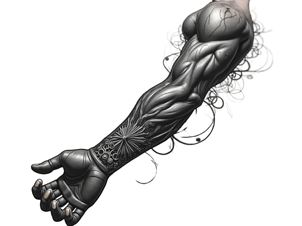 An enticing biomechanical tattoo on a forearm, blending human anatomy with gear-like structures, giving a futuristic and innovative appearance.