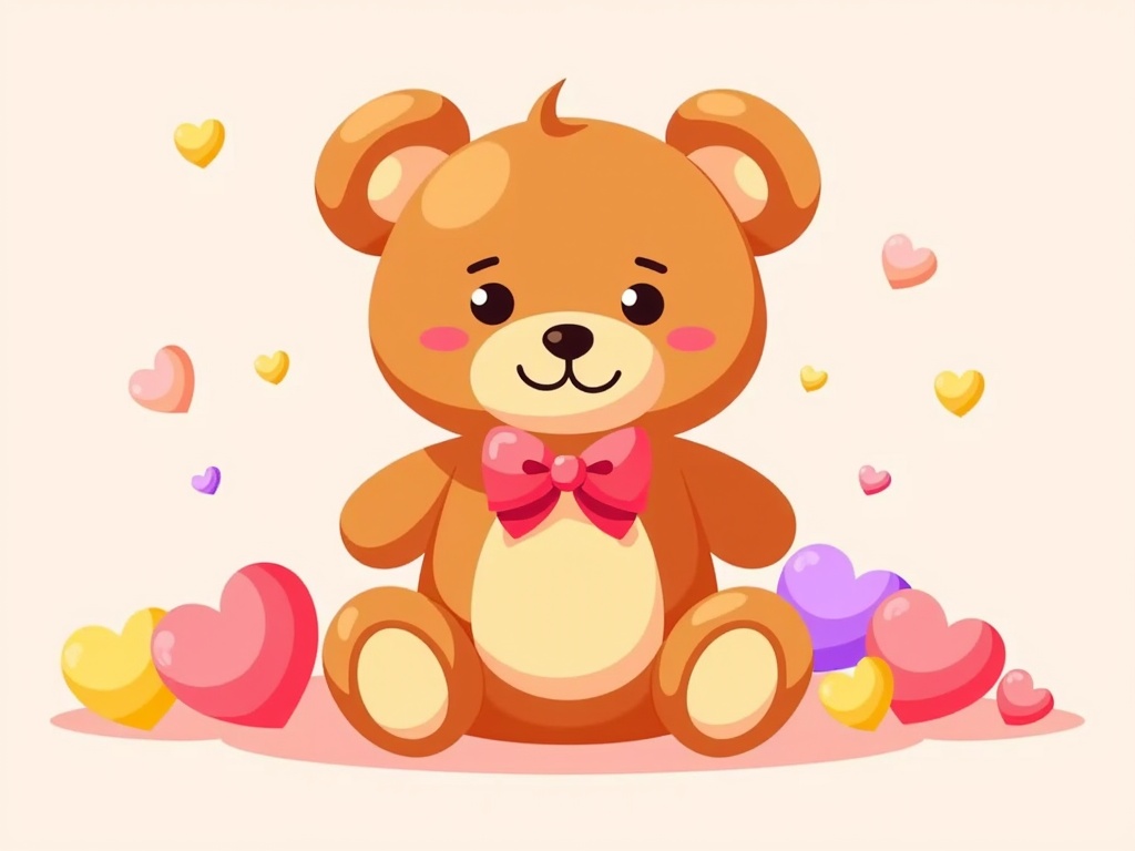 A teddy bear surrounded by heart candies.