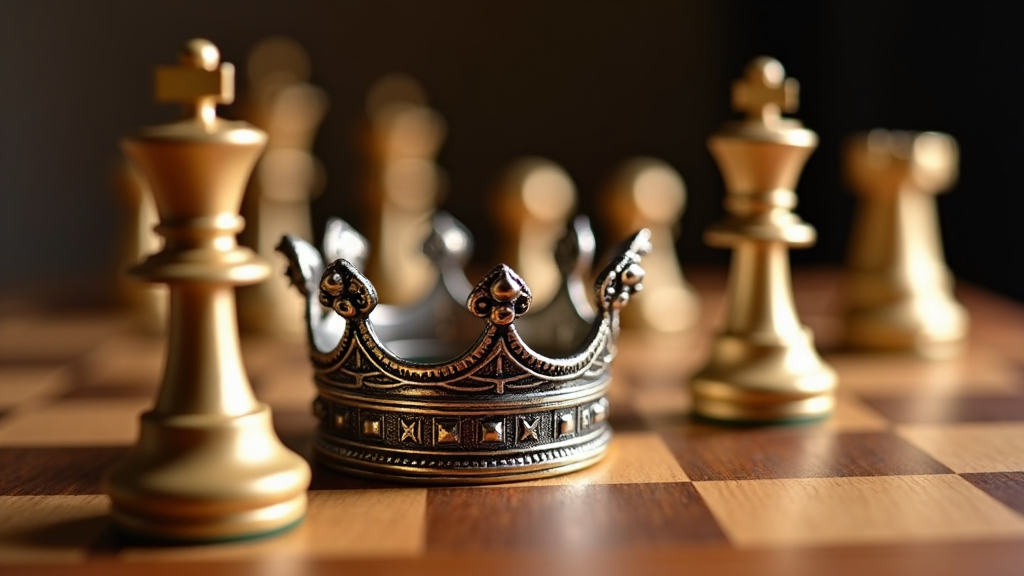 The classic king’s crown on a chessboard, representing strategy, power, and the ultimate move in the game.