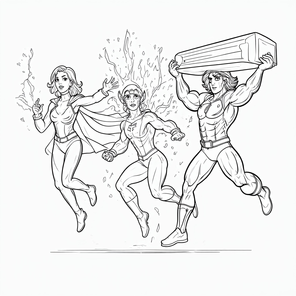 Design Idea 3: Heroes depicted mid-stride or landing, showcasing a variety of powers (e.g., one flying, one with energy crackling, one with super strength evident), emphasizing teamwork and diversity in abilities.