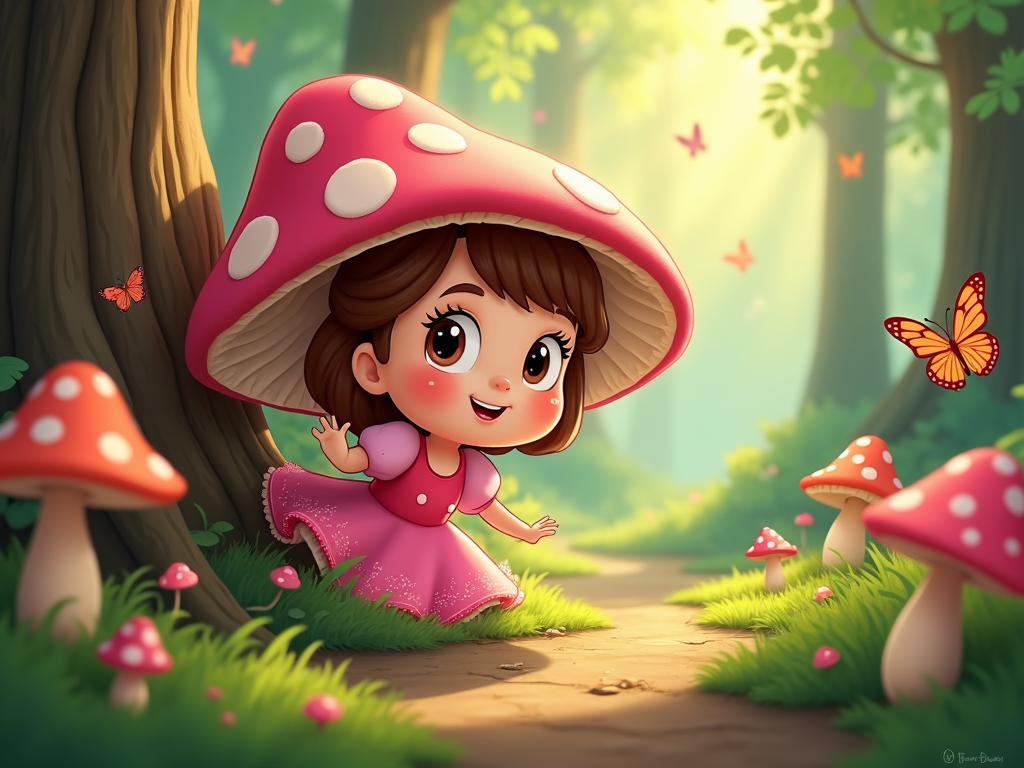 A chubby princess with large, innocent eyes, playing hide-and-seek with friendly mushrooms and butterflies in a sun-dappled forest.