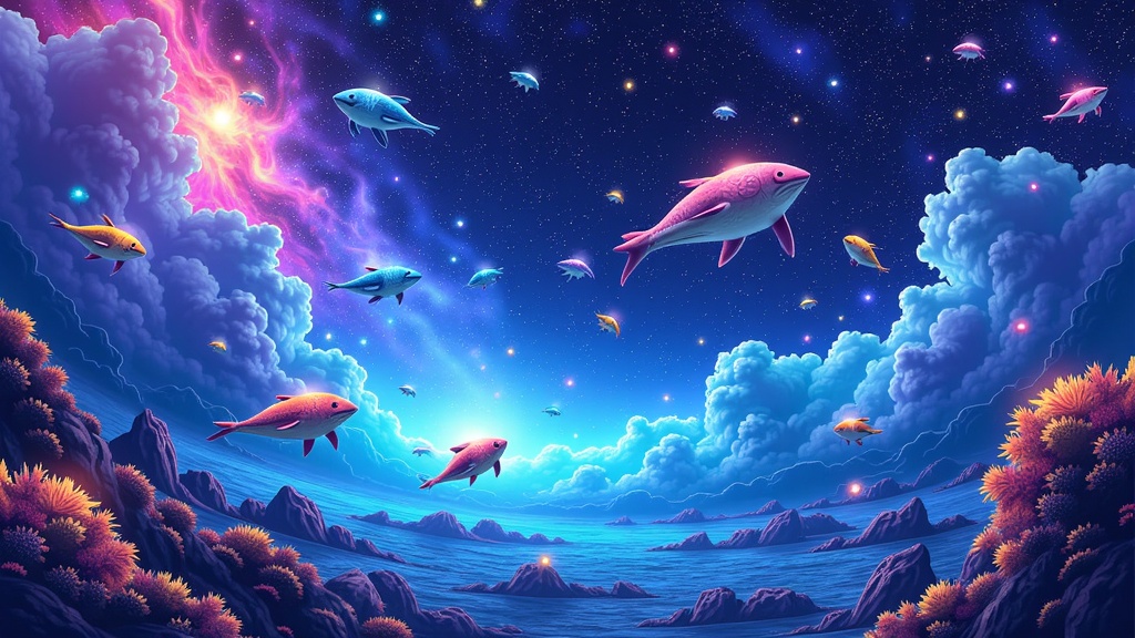 Vast cosmic ocean dreamscapes blending deep sea bioluminescence with celestial nebulae, populated by fantastical, AI-created creatures made of stardust and light.