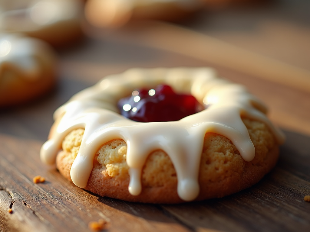 A cookie with a white glaze that drizzles down the sides and with a small dollop of jam at the center, creating a visual contrast.