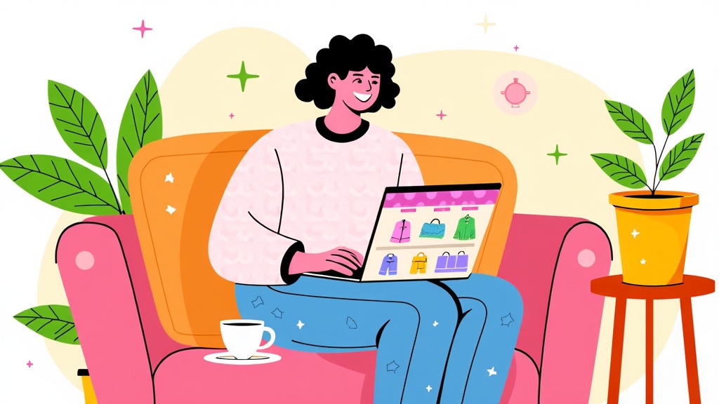  a young woman sitting on a pink armchair with a laptop in front of her. She is wearing a pink sweater and blue pants and has curly black hair. The laptop screen displays a colorful illustration of shopping bags and a cup of coffee on a saucer. There are two potted plants on either side of the armchair and a small stool next to it. The background is a light yellow color with small pink and green stars scattered around. The overall style of the illustration is cartoon-like and playful.