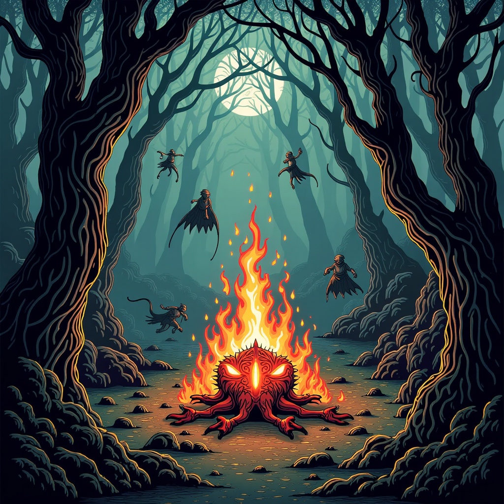 Forest of Corrupted Relics: A dark fantasy forest where ancient, powerful relics have become corrupted, twisting the flora and fauna into nightmarish forms. The poster would highlight a central, glowing, corrupted artifact pulsing with malevolent energy, brought to life by AI.
