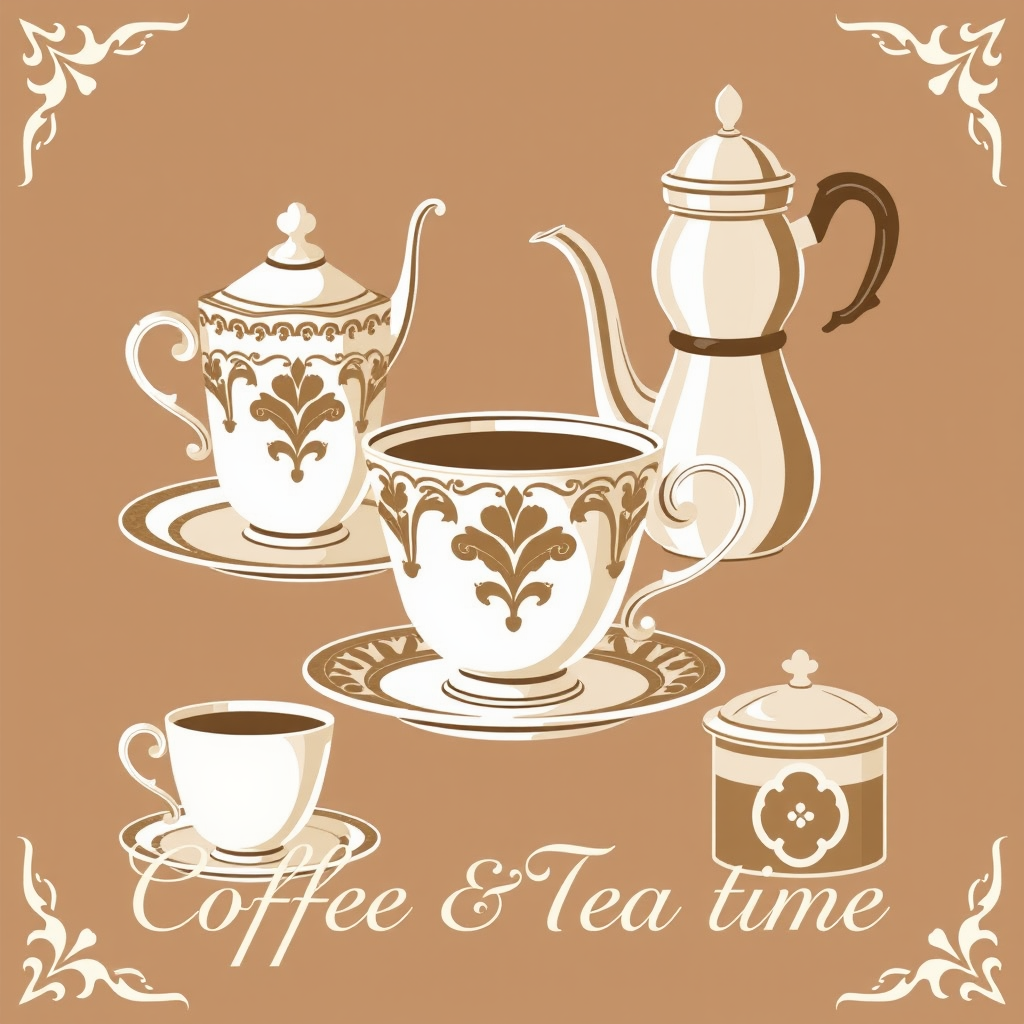 Sub-design Idea 3: Vintage Coffee & Tea Time. Icons depicting ornate teacups with saucers, classic coffee percolators, or vintage tea tins. Use a palette of sepia tones, antique whites, warm browns, and faded florals, complemented by elegant serif or hand-lettered script typography.