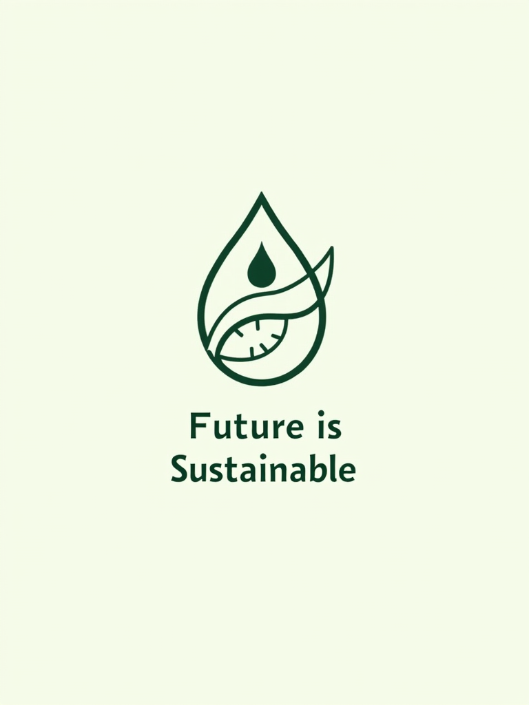 T-Shirt Design 3: Minimalist design with a single continuous line forming a leaf, a water droplet, and a sun symbol, all interconnected. Below this, the text 'Future is Sustainable' in a clean, sans-serif font.