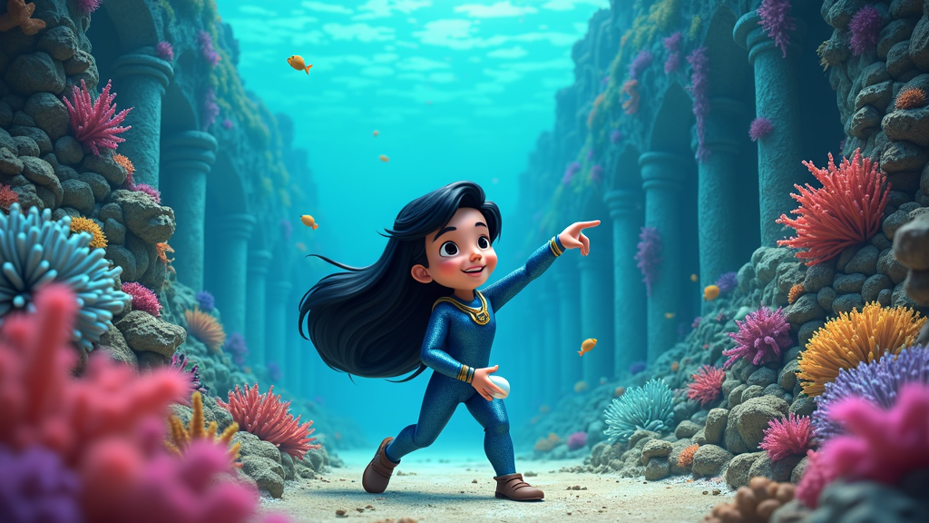 The cartoon is set in a vibrant underwater world, with coral reefs, colorful fish, and ancient ruins, as the apprentice learns the traditions of pearl diving.