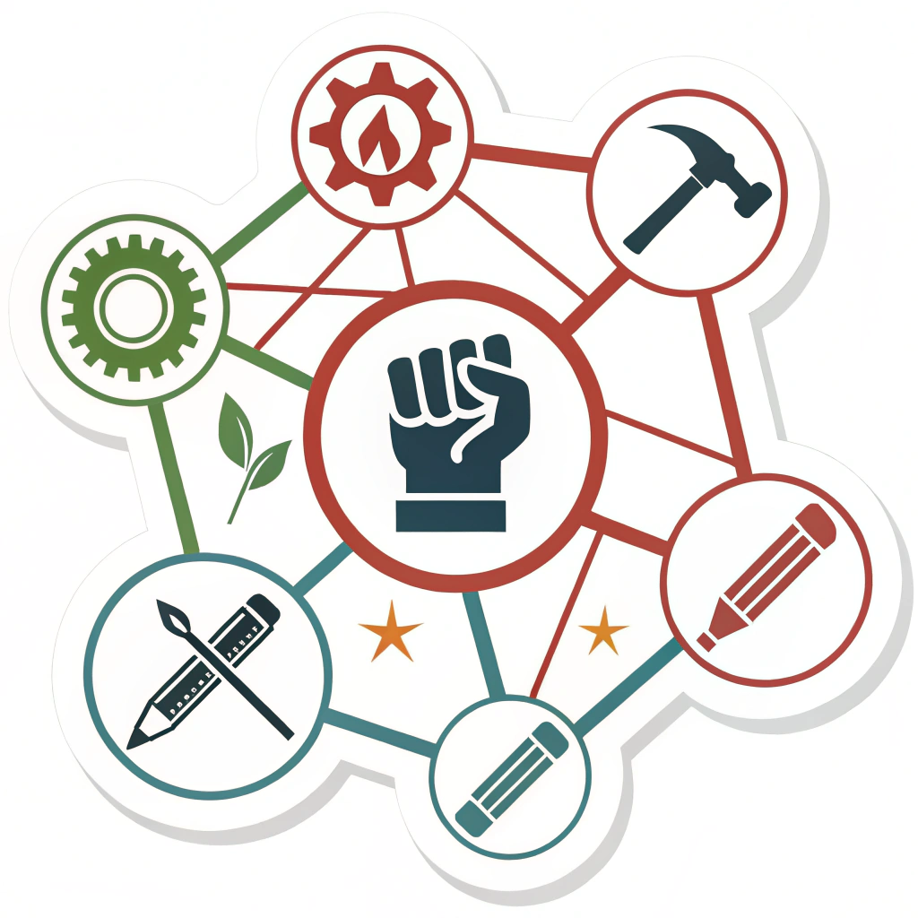 An abstract network graphic with simplified tool icons (e.g., cog, hammer, pencil, farming tool) as nodes, connected by bold, flowing lines. This visually represents the web of solidarity and the diverse 'tools' of protest and essential labor.