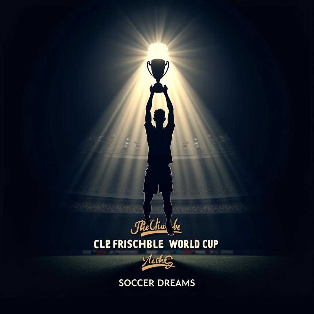 T-shirt design titled 'Spotlight on Glory': A powerful spotlight beam illuminates a player silhouette (lifting a trophy or mid-action) against a dark, subtly detailed stadium background. 'FIFA Club World Cup 2025' text is integrated, possibly with 'Soccer Dreams' as a tagline.